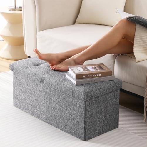 Image of Storage Ottoman Bench Foldable Footrest Foot Stool, 30 inch Fabric Grey | Small Ottoman Foot Rest Seat Shoe Bench Flip-Top forliving Room End of Bed Bedroom Couch Dorm, 80L Folding Upholstered Chair
