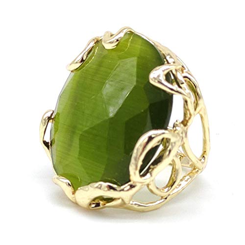 Anello regolabile con cabochon di Occhio di gatto verde in bronzo, fatto a mano, pietre dure naturali