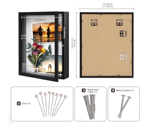 Image of Muzilife 11x14 Shadow Box Picture Frame - Deep Wood & Glass Display Case Ready to Hang Memory Box Baby Sports Memorabilia, Pins, Awards, Tickets, and Photos (Black)