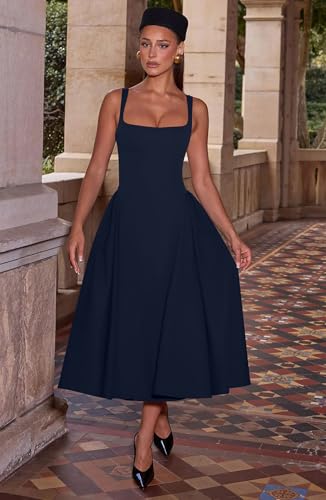 Image of Memoriesea Women's Elegant Square Neck Swing A Line Wedding Evening Party Midi Dress