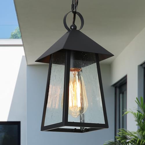 LOG BARN Outdoor Pendant Lights, Modern Farmhouse Exterior Light Fixture, Anti-Rust Ceiling Outdoor Lantern with Seeded Glass for Front Door, Entry, Porch, and Gazebo