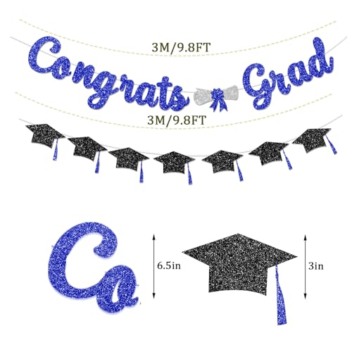 Image of Congrats Grad Congratulations Decorations Banner Pre-Strung Glitter Blue Graduation Class of 2026 with Tassel Decor College High School Party Favors NO DIY