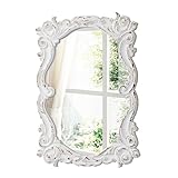 Sintosin Vintage Mirrors for Wall Decor 16 X 24 Inch, Hanging Distressed White Carved Wood Wavy Antique Oval Mirror, Rustic Curvy Mirror for Entryway Bathroom, Horizontal or Vertical