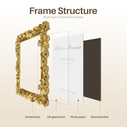 Gold 8x10 Picture Frame, Vintage Ornate Picture Frames Leaf Textured Hand-Crafted Resin with Glass Front, Antique Photo Frame for Tabletop Display, Retro Design Home Decor