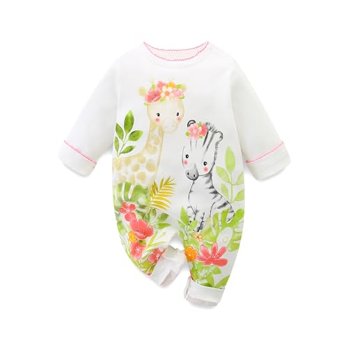 Hikido Infant Comfy Cotton Outfits Fall One-Piece Rompers Baby Girl Clothes Bodysuit Fashion Giraffe Zebra with Floral Print Button Jumpsuits for 3-6 Months