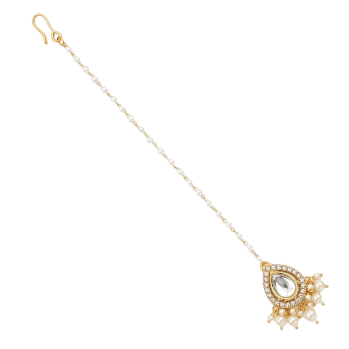 Traditional Gold Plated Polki Kundan Studded Delicate Teardrop Design Maang Tikka with Pearls for Women and Girls | Bridal Jewellery for Women-image-13