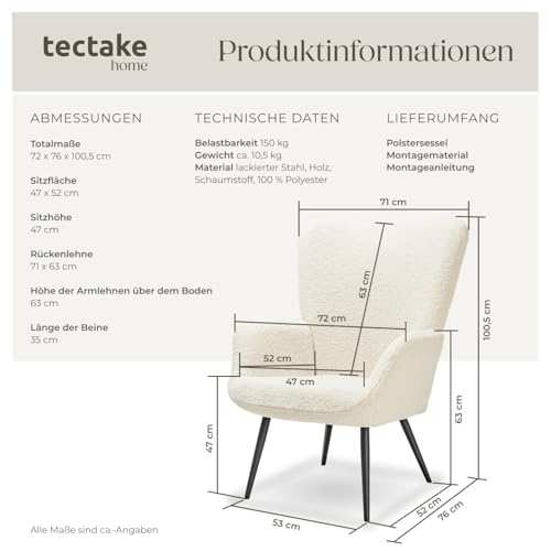 tectake® Skandinavischer Stil Ohrensessel, Teddy Sessel Hygge, Bouclé Sessel Wohnzimmer, Schlafzimmer, Statement Piece Loungesessel, belastbar bis 150 kg