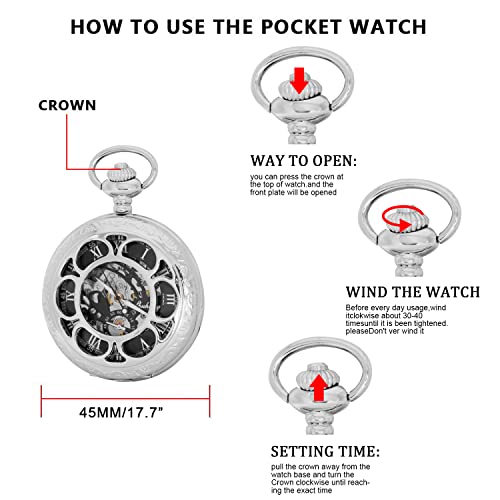 Image of Black and Silver Roman Numeral Dial Mens Mechanical Moon Phase Design, Moon Sun Pattern Skeleton Mechanical Pocket Watches for Men with Case and Chain - Black
