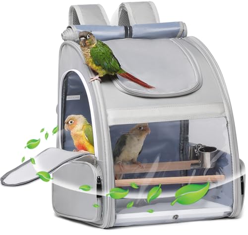 Bird Carrier,Travel Bird Cage,Bird Backpack for Small Birds Parakeet,Canary,Parrot, Finches,Cockatiel.Portable Outdoor Bird Bag with 2 Wooden Perch, Double-Clamp Cup, Detachable Poop Tray (Gray)