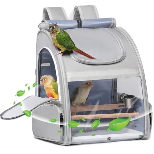 Bird Carrier,Travel Bird Cage,Bird Backpack for Small Birds Parakeet,Canary,Parrot, Finches,Cockatiel.Portable Outdoor Bird Bag with 2 Wooden Perch, Double-Clamp Cup, Detachable Poop Tray (Gray)
