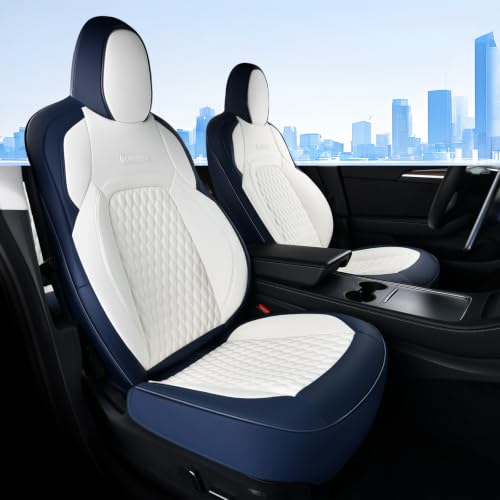 Image of Coverado Front Seat Covers for 2017-2023 Tesla Model 3, Car Seat Covers Front Seats, Front 2PCS Leatherette Car Seat Cover Seat Protector Custom for Tesla Model 3 BlueWhite