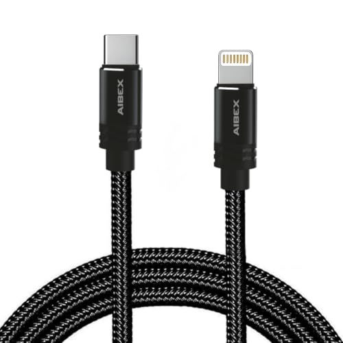 Image of AIBEX MFi Compatible USB-C to Lightning Fast Charging Cable for iPhone 14, 13, 12, 11, X, 8, iPad, AirPods | PD Charger Cord, Type-C Lightning Data Sync Cable, Braided 1 Meter, Black