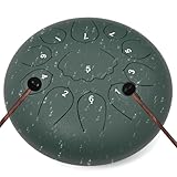 Professional Steel Tongue Drum for Adults & Kids - 10 inch Hand Percussion Instrument Rain Drum with 11 Notes for Yoga, Meditation, Music Therapy & Concerts Play (Green, 10 Inch)