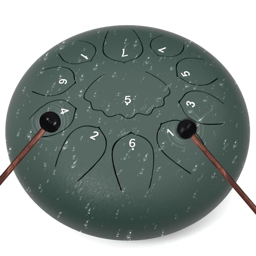 Professional Steel Tongue Drum for Adults & Kids - 10 inch Hand Percussion Instrument Rain Drum with 11 Notes for Yoga, Meditation, Music Therapy & Concerts Play (Green, 10 Inch)