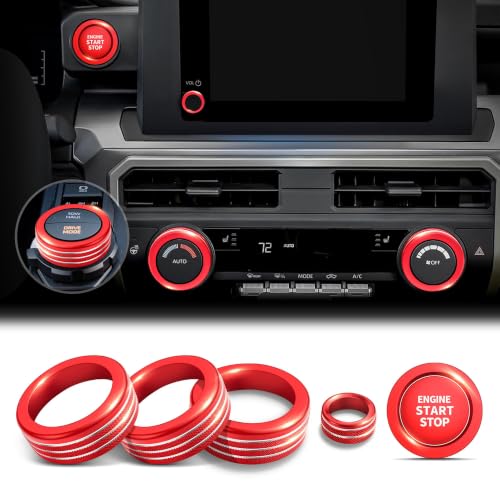 Image of for Toyota Tacoma 2024-2026 & 4Runner 2025-2026, 8-Inch Screen Aluminum Alloy Knob Cover Trim - Fits Push Start, AC, Volume & 4WD Gear Switch (Red, 6-Piece Set)