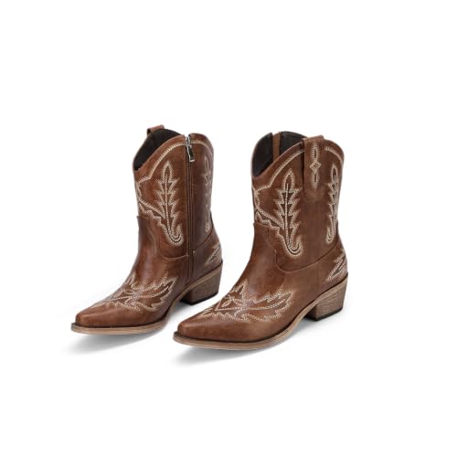 Image of Rhinestone Ankle Cowboy Boots for Women Embroidered Short Cowgirl Boots with Low Heel Side Zipper Comfortable Chunky Heel Western Booties for Prom Party Wedding Pull On Shoes