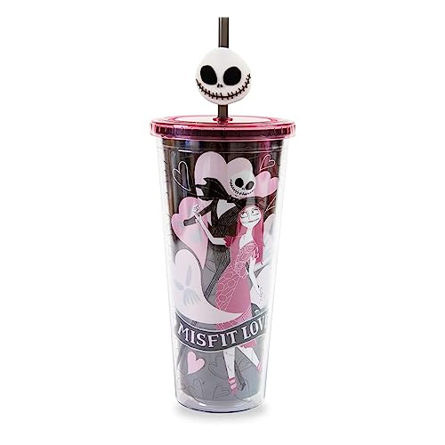 Silver Buffalo Disney The Nightmare Before Christmas Misfit Love Featuring Jack Skellington and Sally Plastic Cold Cup with Lid and Straw Topper, 24 Ounces