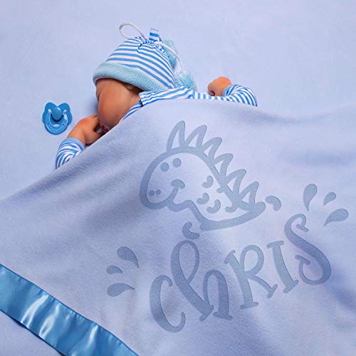 Personalized Baby Blankets w/ Name - Large Baby Receiving Blanket - 36x36 in | Satin Trim, Fleece | Blue - Baby Boy Gifts,, Baby Stuff, Welcome Baby Gifts for Newborns | Dinosaur