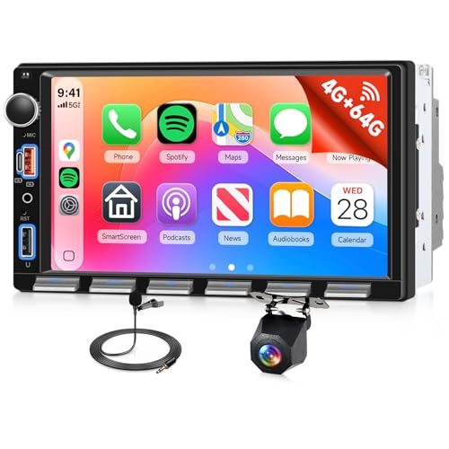 Hodozzy 4G+64G Radio Android 2 DIN con Carplay Inalámbrico Android Auto, Pantalla Táctil IPS de 7 Pulgadas Teclas Piano Estéreo para Coche con Navi GPS, WiFi, Bluetooth, DSP, SWC, FM/RDS, USB Tipo-C
