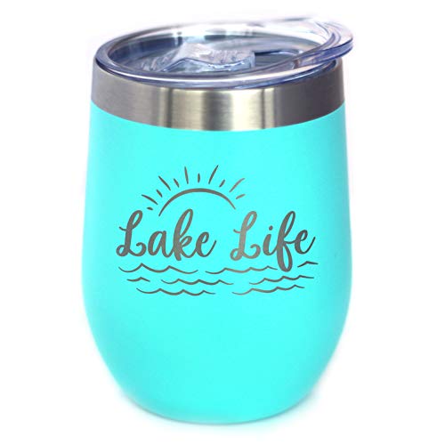 Lake Life - Wine Tumbler with Sliding Lid - Stemless Stainless Steel Insulated Cup - Cute Outdoor Camping Mug - Teal
