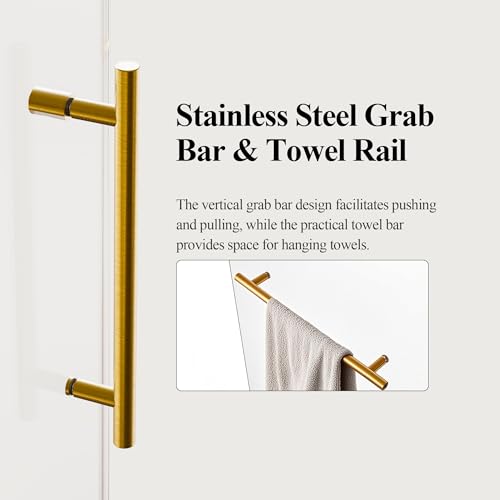 Image of 46-48 inch W x 76 inch H Frameless Sliding Shower Door, Safety Bathroom Single Sliding Glass Doors with 5 /16 inch (8mm) SGCC Tempered Glass, Stainless Steel Towel Rail and Auxiliary Handle, Brushed Gold