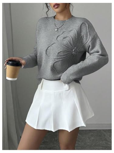 Image of RoseSeek Women's 3D Floral Appliques Crewneck Sweaters Long Sleeve Drop Shoulder Pullovers Elegant Knit Tops