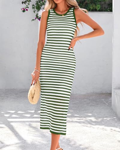 Image of Zenlonr Women's Sleeveless Summer Dresses 2025 Casual Crochet Knit Sundress Striped Long Tank Dress Beach Slip Dress