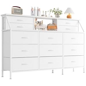 COTUBLR Dresser for Bedroom with 13 Drawers, 55” Wide Chest of Drawers, Fabric Dresser with 2 Wooden Shelves, Storage Organizer Unit with Fabric Bins for Bedroom, Living Room, Hallway, White