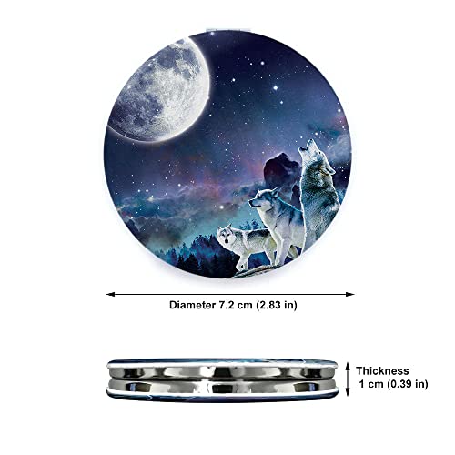 Wirester Round Foldable Pu Leather Compact Pocket Purse Makeup Mirror, Dual Sided Travel Mirror With 2X 1X Magnification - Wolf Pack Moon #TOP1