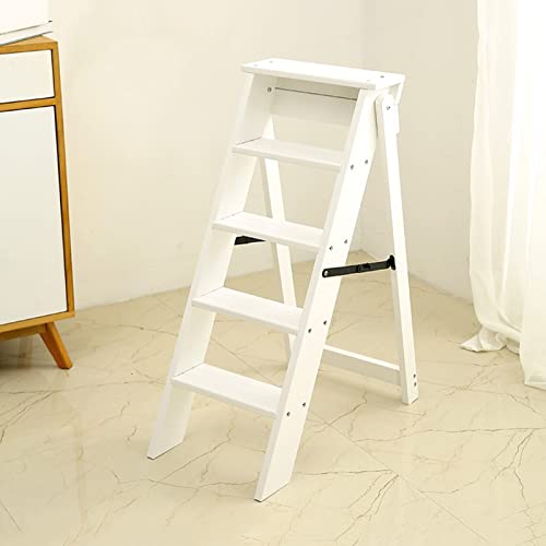Escalera plegable de madera de 5 escalones, taburete multifuncional portátil para biblioteca de cocina, estantería y exposición, silla de escalera blanca que ahorra espacio