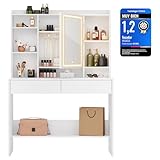 VASAGLE Kailyn Colección - Tocador con Luces LED de 3 Colores con Brillo Ajustable, Mesa de Maquillaje con Espejo, Estantes Ajustables, 2 Cajones, Estilo Moderno, Blanco RDT123T14