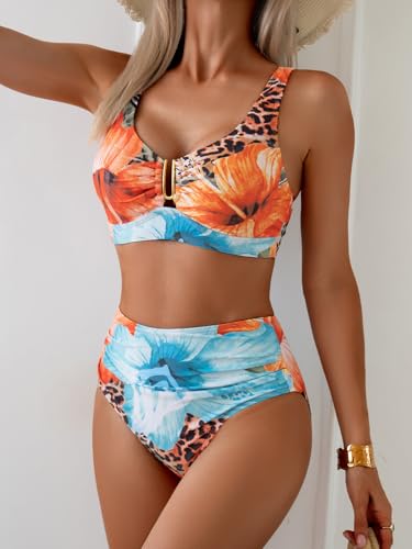 Image of Eomenie Bikini Sets for Women High Waisted Two Piece Bathing Suit U Wired V Neck Swimsuit Adjustable Straps Swimwear