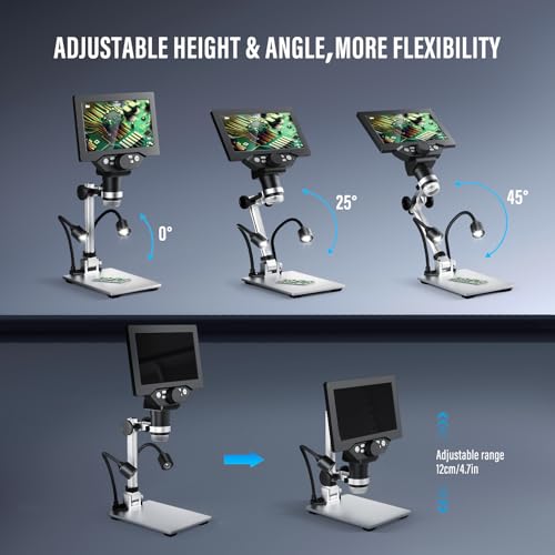Digital Mikroskop, Couleeur 1200X 1080P Drehbares Höhen Mini Mikroskop, 7 Inch LCD Projektionscomputer mit 2 Einstellbaren Seitenlichtern und 8 LED-Lichtperlen für Elektronische Reparatur