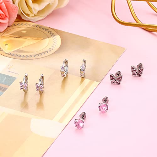 Thunaraz 10 Pairs Hypoallergenic Screwback Earrings For Women 316L Stainless Steel Cz Heart Hoop Earrings Cute Flower Butterfly Screw Back Stud Earrings Set 20G #TOP5