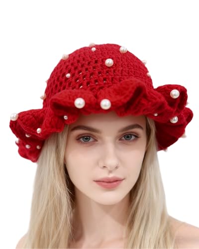 Image of Women Crochet Bucket Hat Cute Winter Ruffled Brim Floppy Cap Handmade Knit Cloche Hats