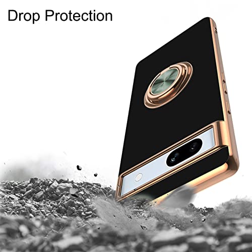 Aitipy For Google Pixel 7A Case, Built-In 360 Degree Rotation Ring Kickstand Stand With Screen Protector And Lens Protector, Luxurious Shiny Plating Edge Shockproof Protective Phone Case-Black #TOP4