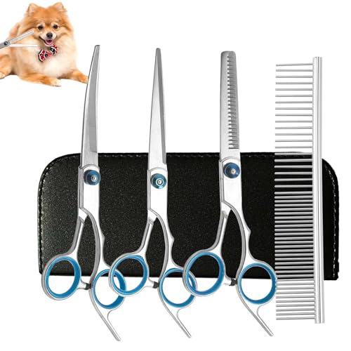 4 Stück Hundeschere,Hundescheren Set,Schere Hundehaare Schneiden,Hundeschere Gebogen,Effilierschere Hund,Fellschere Hunde,Für Hunde Katzen Haustiere Mit Schneiden Schere,Verdünnung Schere,Pflege Kamm