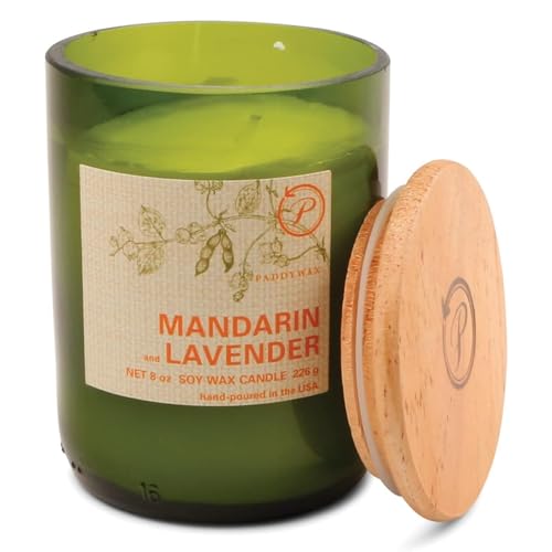 Paddywax Eco Collection Scented Soy Wax Candle in Glass Jar, Mandarin & Lavender Fragrance, Green Vessel with Wood Lid, 8 oz