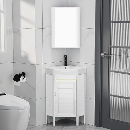 Compact Corner Bathroom Vanity Sink with Medicine Cabinet, Floor Standing Design, Ceramic Wash Basin for Small Spaces (Black, 43cm/17in) - Perfect for Limited Areas