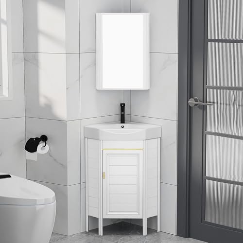 LLZJDDPLY Muebles de baño con Lavabo y Espejo, Mueble baño con Lavabo, Lavabo de cerámica con grifos de Agua fría y Caliente, Muebles baño for Espacios pequeños(White,43cm/17in)