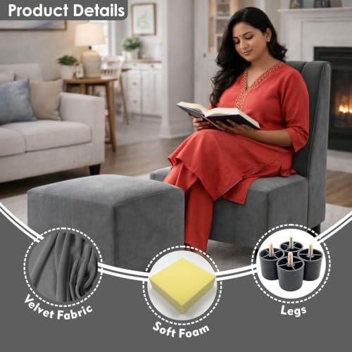 Image of Rosebell Sofa Set with Ottoman Combo 1 Seater Sofa Set with Matching Footrest for Living Room & Bedroom-Office - Grey