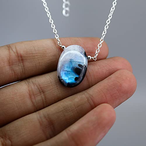 Gempires Rainbow Moonstone With Black Tourmaline Oval Necklace, Gemstone Healing Crystals, Gift For Her, Birthstone Jewelry, 18 Inch Silver Plated Adjustable Chain #TOP3