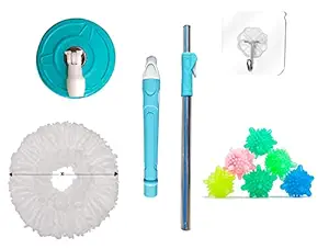 Hill Clean Floor Cleaner Mop Steel Stick Rod Only - Stainless Steel Mop Handle with 1 Microfiber Mop Head/Refill and Free 1 Sticky Hooks. (1 Mop ,Refill and 4 Washing Machine Ball Laundry Dryer Ball)