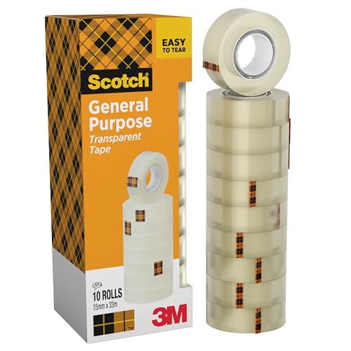 Scotch Ruban Adhésif Transparent 508-10 Rouleaux - 15mm x 33m - Ruban Adhésif Transparent à Usage Général pour l'Ecole, la Maison et le Bureau