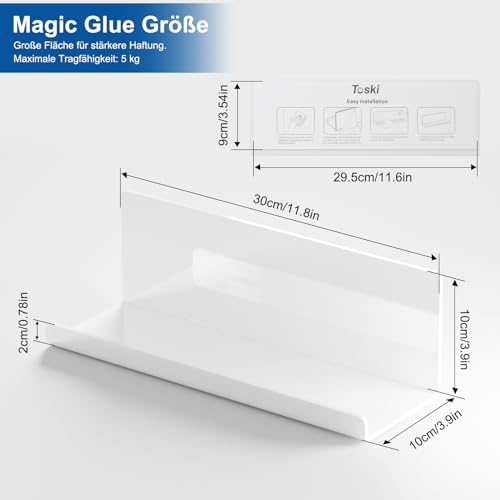 Toski Wandregal Ohne Bohren, Regal Wand Acryl 2 Stück, Schweberegal Weiss 30cm, Küchenregal Hängend zum Kleben, Schwebendes Bücherregal, Bilderleiste, Kleberegal Bad, Wall Shelf