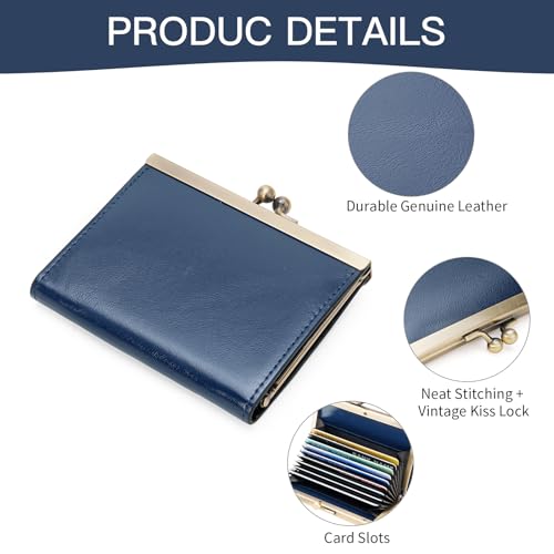 Image of GOIACII Credit Card Holder Vintage Wallet for Women Genuine Leather Ladies Card Cases with Kiss Lock Small Blue