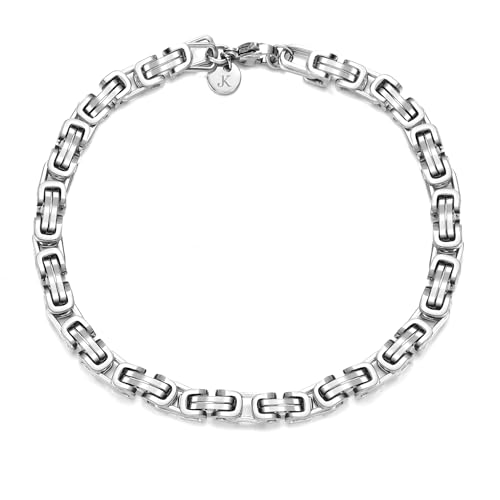 Kim Johanson® Pulsera bizantina de acero inoxidable para hombre en plata, cadena ancha para hombres, resistente al agua, pulsera gruesa, varias longitudes, 5 mm de ancho, cadena de plata maciza, con