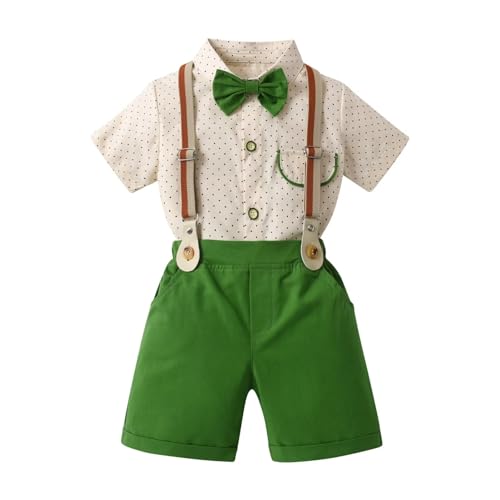Boy Suit Gentleman Outfit Tuxedo Clothes Set, Beige Polka Dots Short Sleeve Dress Shirt with Green Bow Tie + Suspender Shorts Sets 4-5T