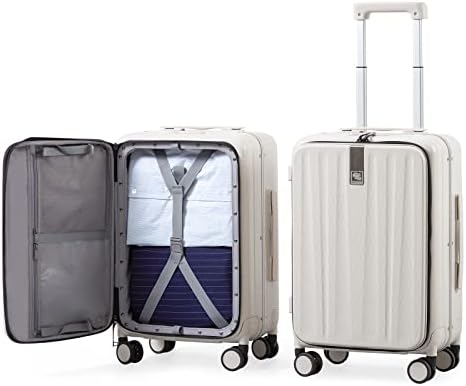 Hanke Carry On Luggage, Suitcase with Wheels & Front Opening, 20in Spinner Luggage Built in TSA Aluminum Frame PC Hardside Rolling Suitcases Travel Bag - Ivory white