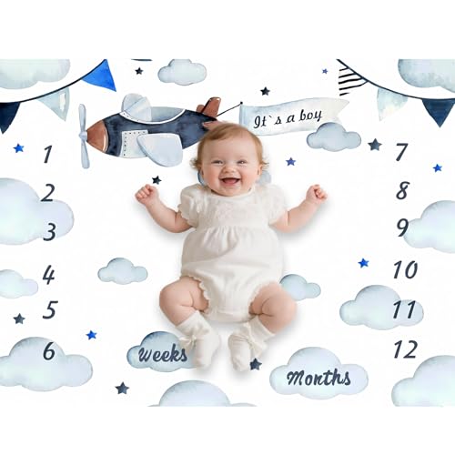 Image of Airplane Theme Baby Monthly Milestone Blanket for Boys, Soft Flannel Aircraft Pilot Cloud Stars Pattern Photography Prop Baby Shower Age Newborn Mom Gifts Nursery Decor (Blue, 48x40in)